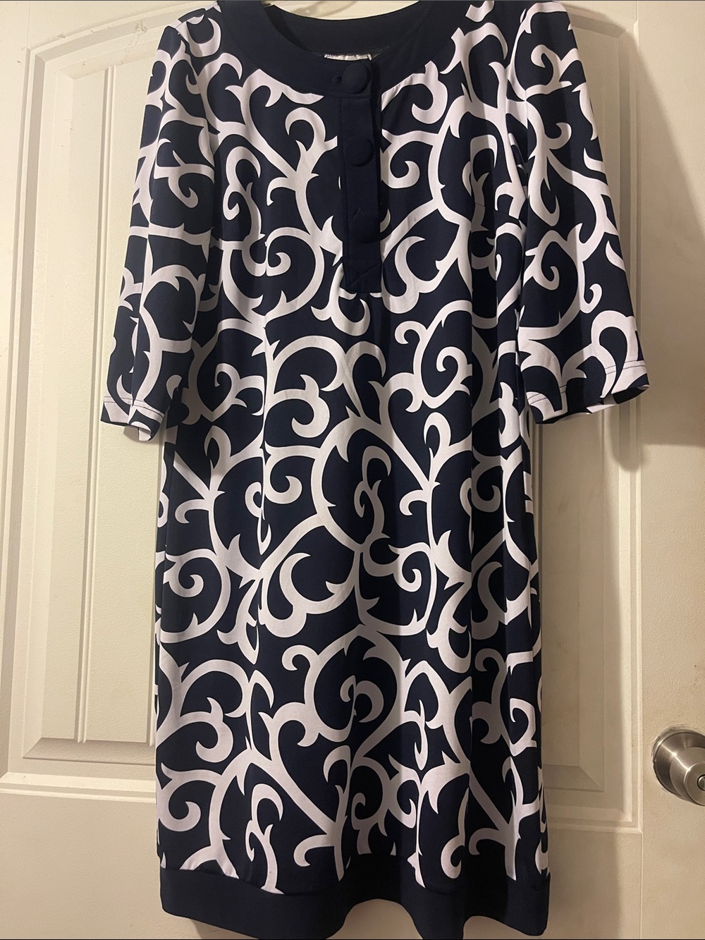 karin stevens Navy and White Scroll-Print Midi Dress